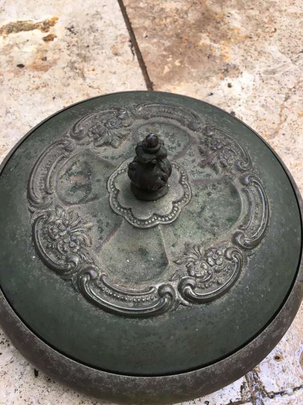 vintage ornate brass bowl with lid and glass inner
