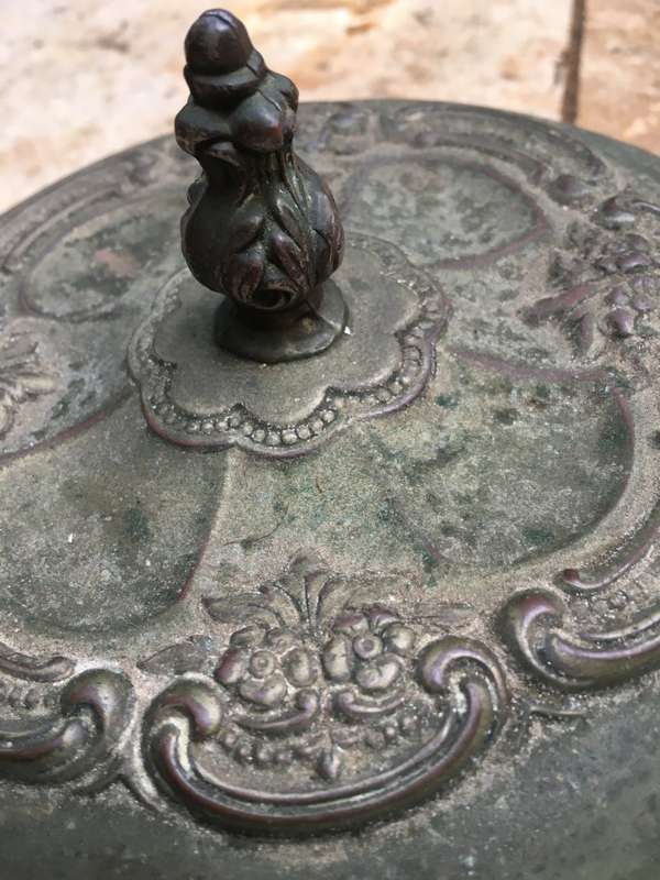 vintage ornate brass bowl with lid and glass inner