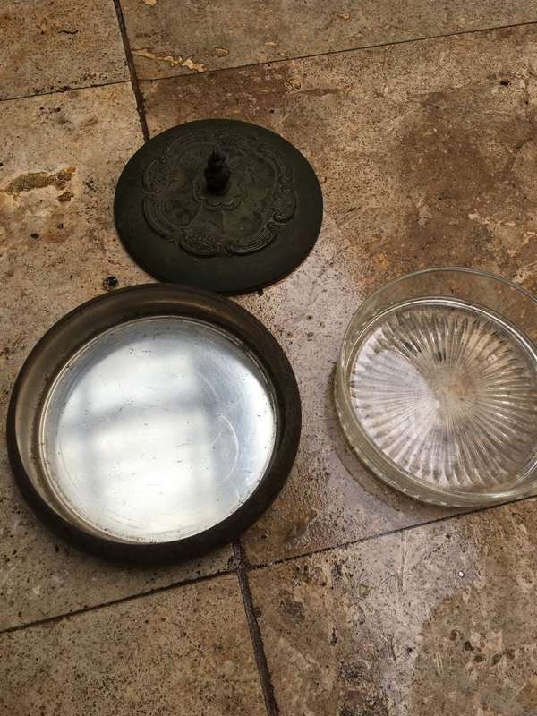 vintage ornate brass bowl with lid and glass inner