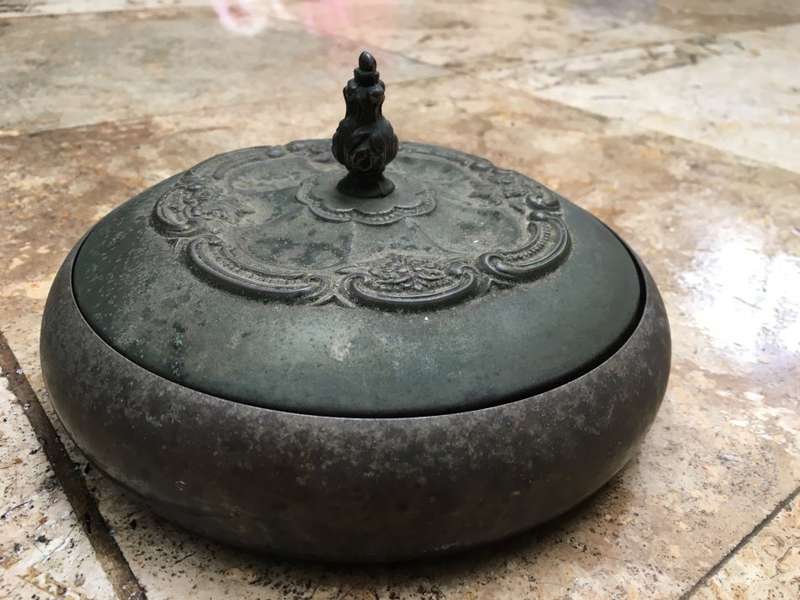 vintage ornate brass bowl with lid and glass inner