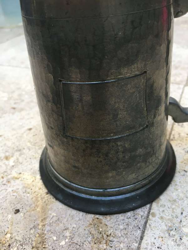 fish handle pewter and glass bottom pewter tankard pair