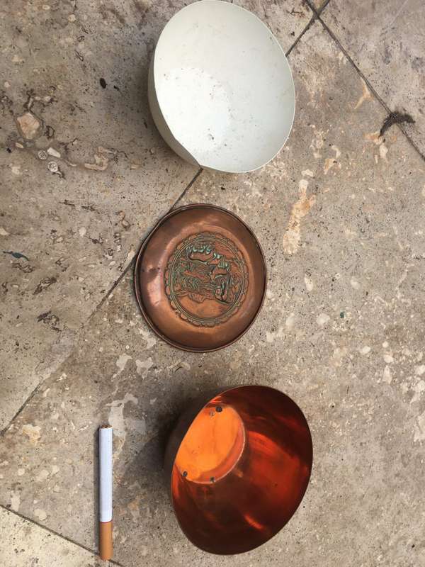 vintage copper utility bowl with lid , africa african animal theme