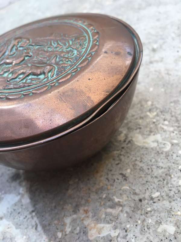 vintage copper utility bowl with lid , africa african animal theme