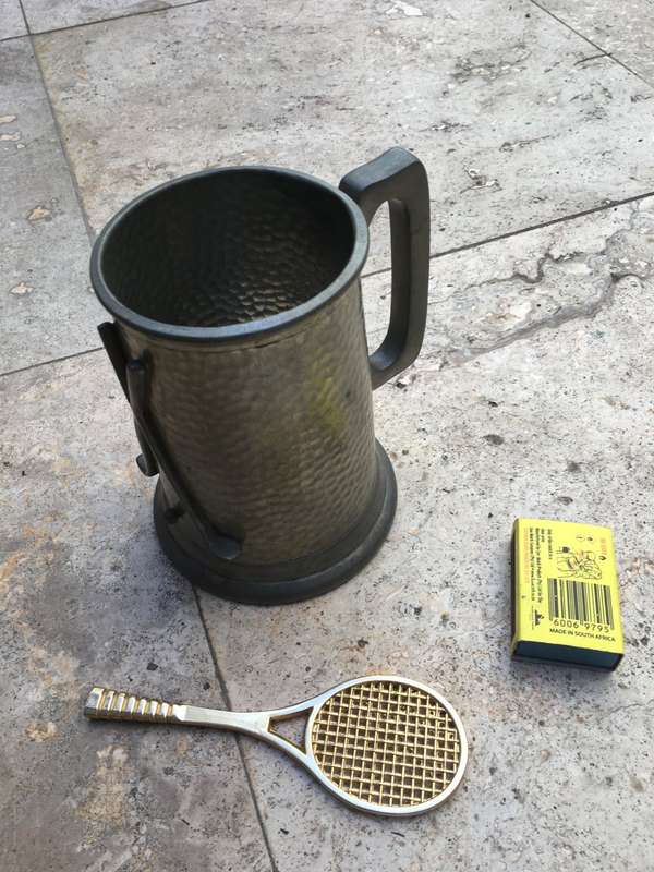 vintage hammered pewter tankard lot of 4 with  Golf tankard glass bottom