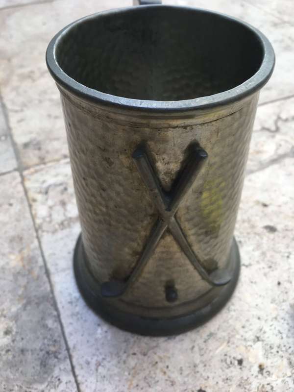 vintage hammered pewter tankard lot of 4 with  Golf tankard glass bottom