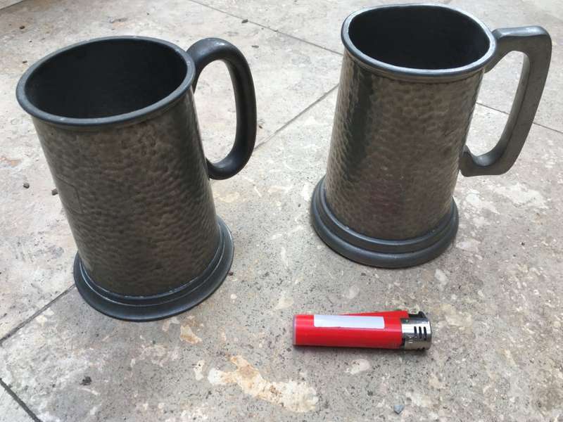 vintage glass bottom pewter tankard , with pewter hard bottom , tankard pair