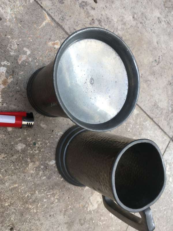 vintage glass bottom pewter tankard , with pewter hard bottom , tankard pair