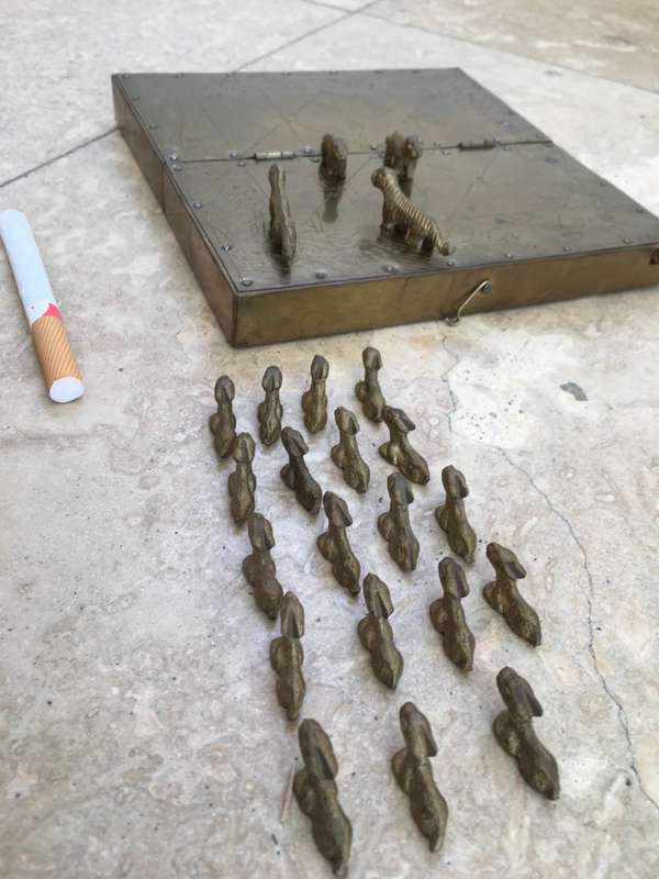 VINTAGE BRASS BAGHA BAGH CHAL MOVING TIGERS NEPALESE BOARD GAME GOATS and TIGERS