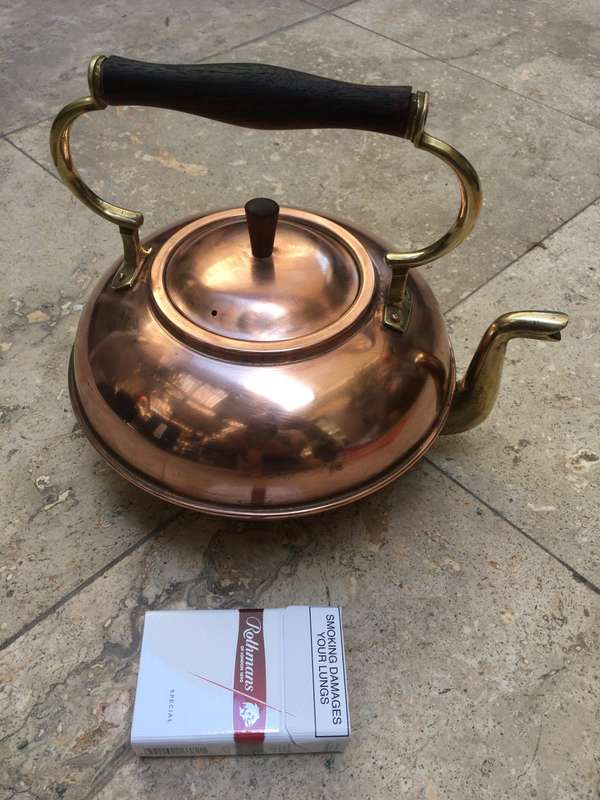vintage copper and brass kettle made in italy , rosewood handle