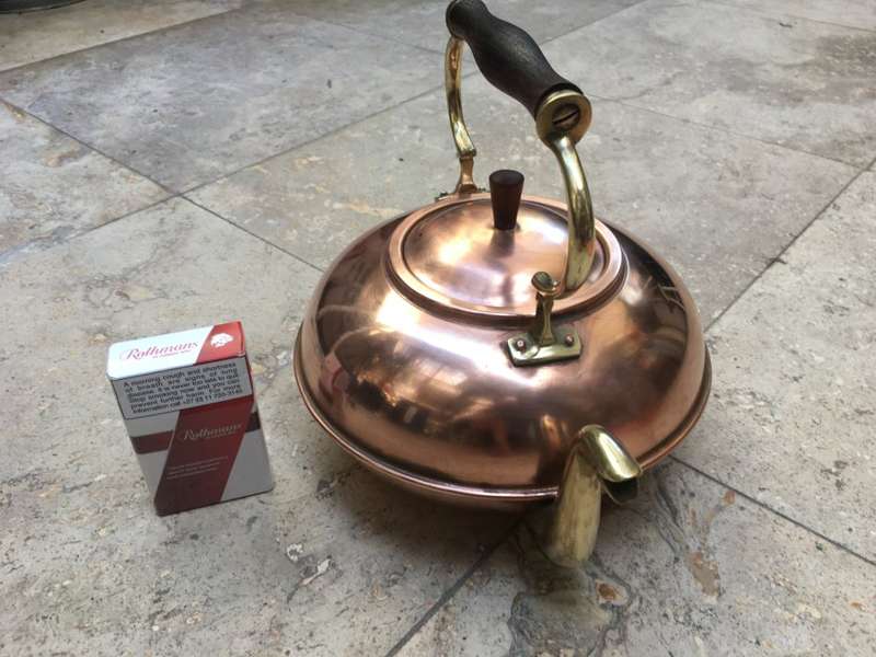 vintage copper and brass kettle made in italy , rosewood handle