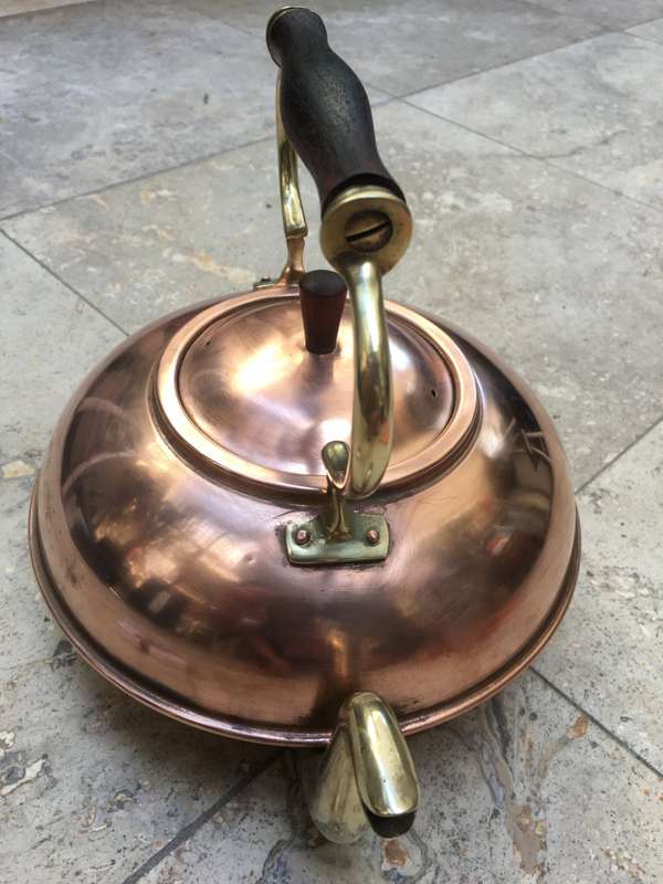 vintage copper and brass kettle made in italy , rosewood handle