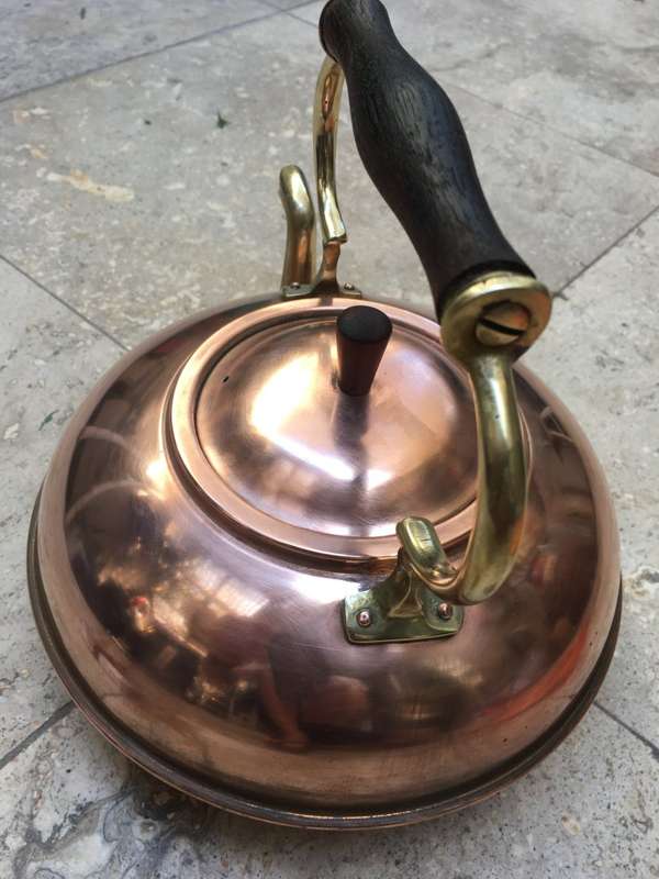 vintage copper and brass kettle made in italy , rosewood handle