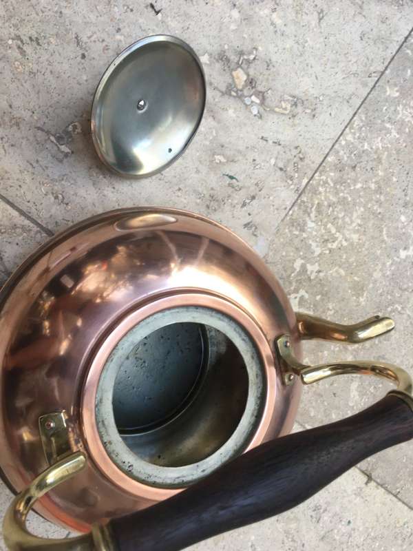 vintage copper and brass kettle made in italy , rosewood handle