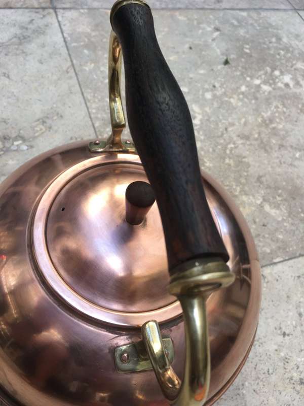 vintage copper and brass kettle made in italy , rosewood handle