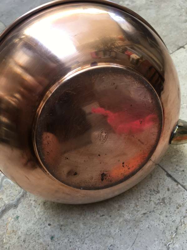 vintage copper and brass kettle made in italy , rosewood handle