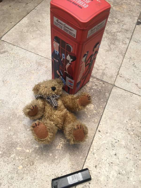 Bertie bear in marks and spencer telephone booth tin