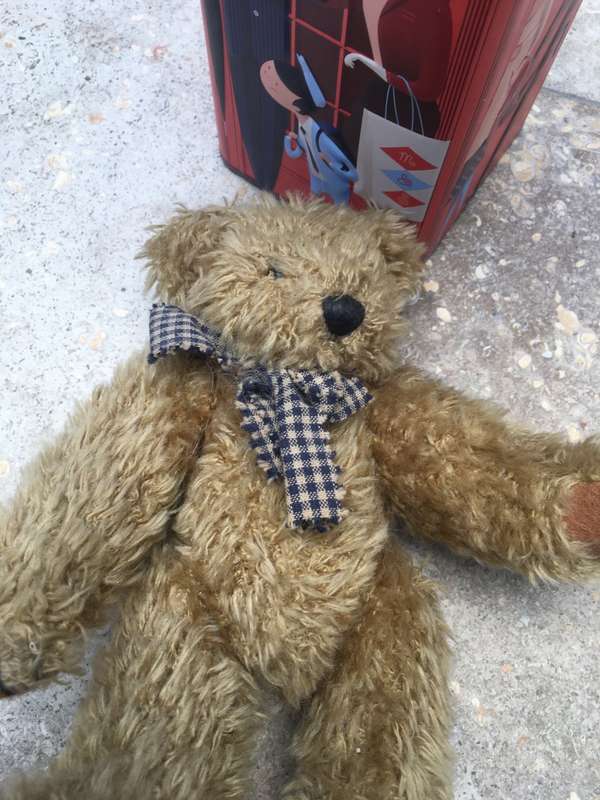 Bertie bear in marks and spencer telephone booth tin
