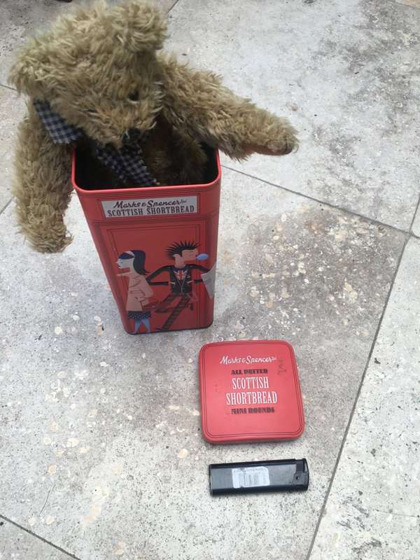 Bertie bear in marks and spencer telephone booth tin