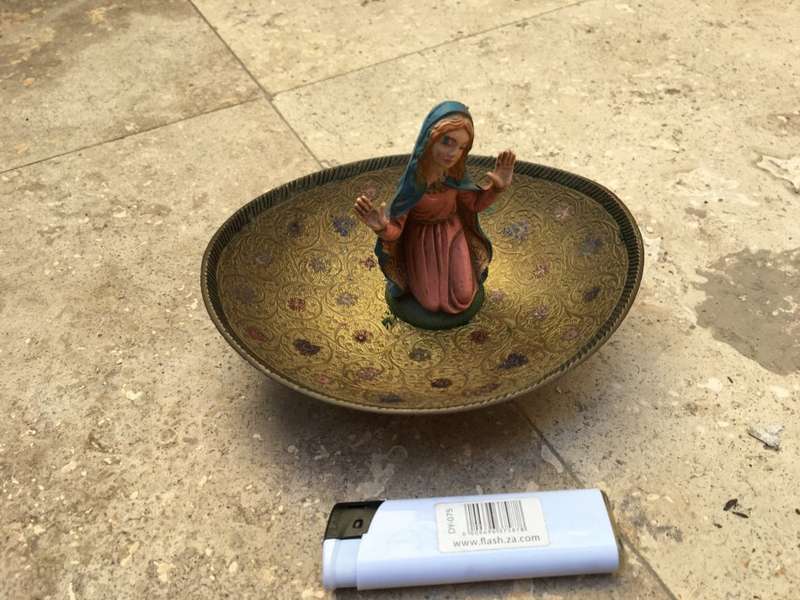 vintage brass arabic footed bowl with pvc saint figure italy