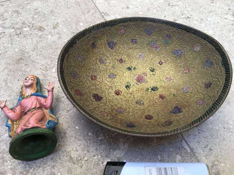 vintage brass arabic footed bowl with pvc saint figure italy
