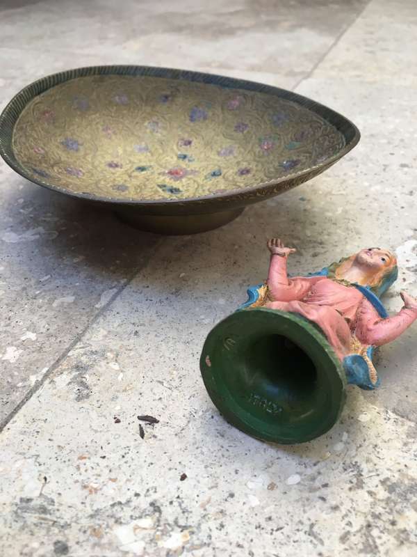 vintage brass arabic footed bowl with pvc saint figure italy