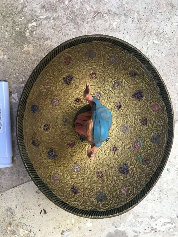 vintage brass arabic footed bowl with pvc saint figure italy