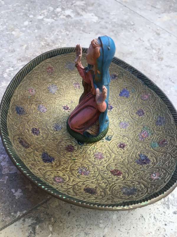 vintage brass arabic footed bowl with pvc saint figure italy