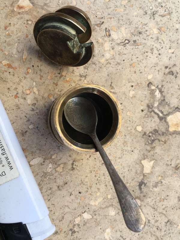 vintage brass salt cellar trenchant style with spoon