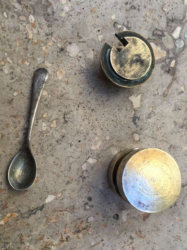 vintage brass salt cellar trenchant style with spoon