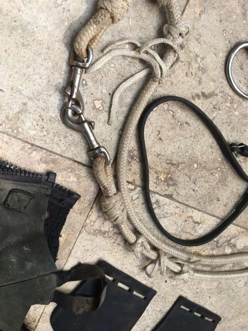 horse pelham bit straps and rope with other stuff for horse or pony