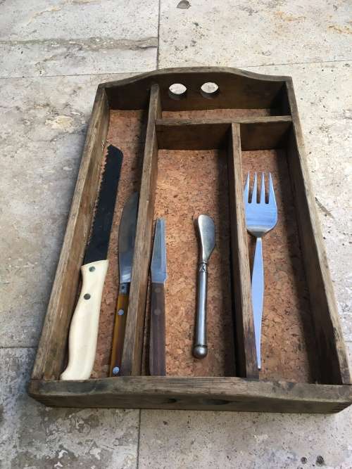 vintage wooden wood cutlery tray , with randum old cutlery