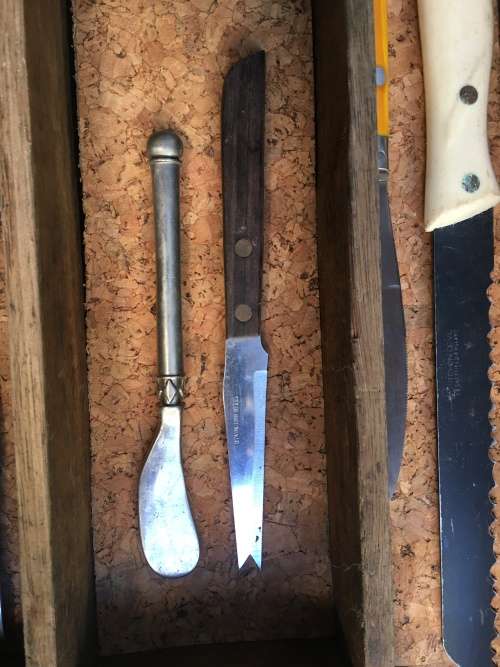 vintage wooden wood cutlery tray , with randum old cutlery