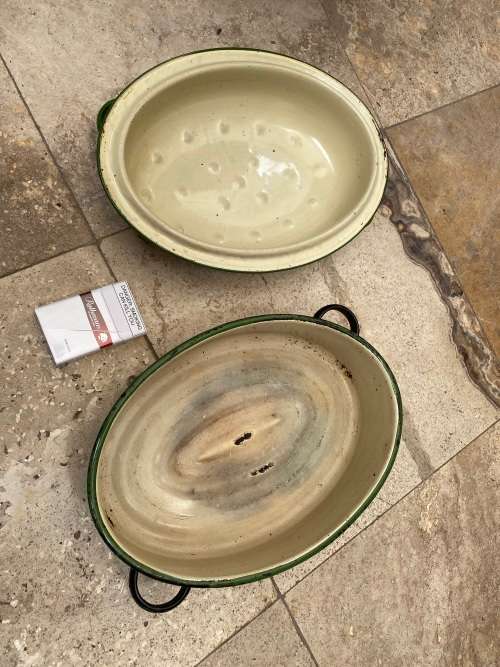 vintage judge cream and green enamel oval roast roasting pot with lid