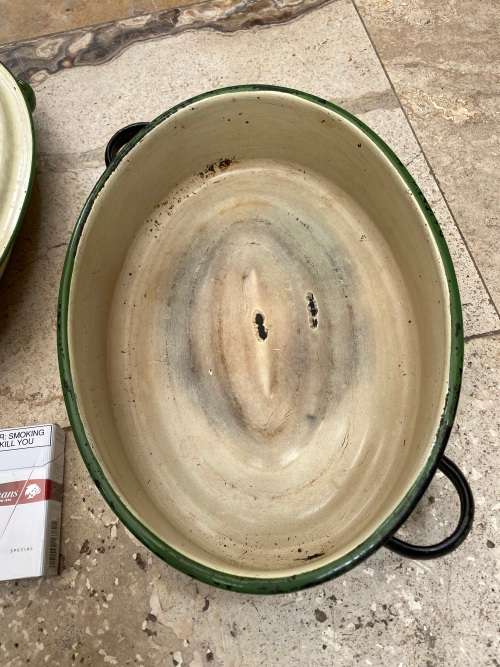vintage judge cream and green enamel oval roast roasting pot with lid