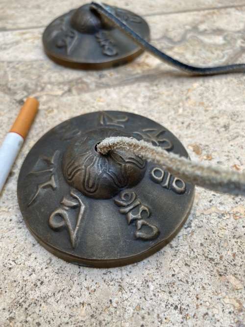 vintage large bronze tingsha tibet bells cymbols 7.4 cm diameter