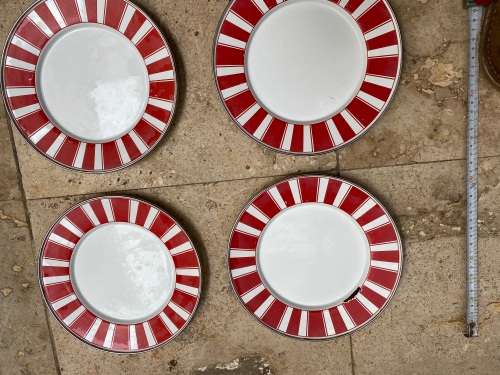 golden rabbit enamelware red stripe plates lot of 4