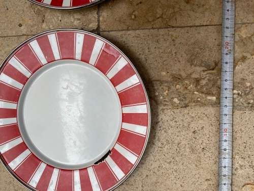 golden rabbit enamelware red stripe plates lot of 4