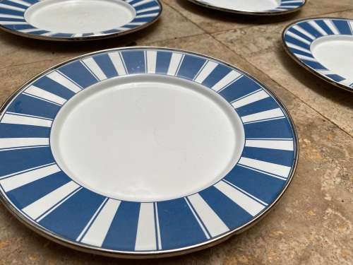 golden rabbit enamelware blue stripe plates lot of 4