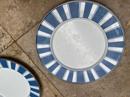 golden rabbit enamelware blue stripe plates lot of 4