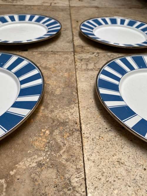 golden rabbit enamelware blue stripe plates lot of 4