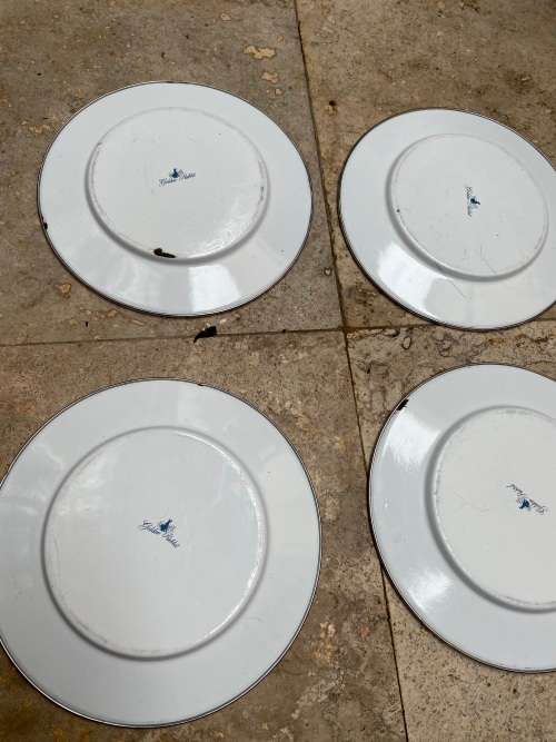 golden rabbit enamelware blue stripe plates lot of 4