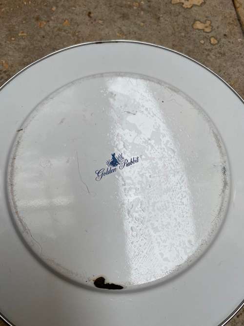 golden rabbit enamelware blue stripe plates lot of 4