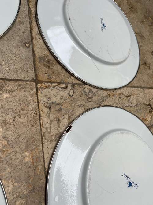 golden rabbit enamelware blue stripe plates lot of 4