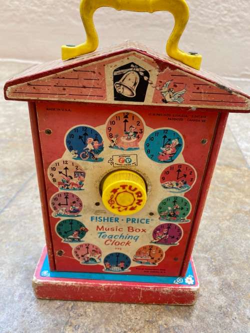 vintage fisher price music box teaching clock no 998 , made in USA