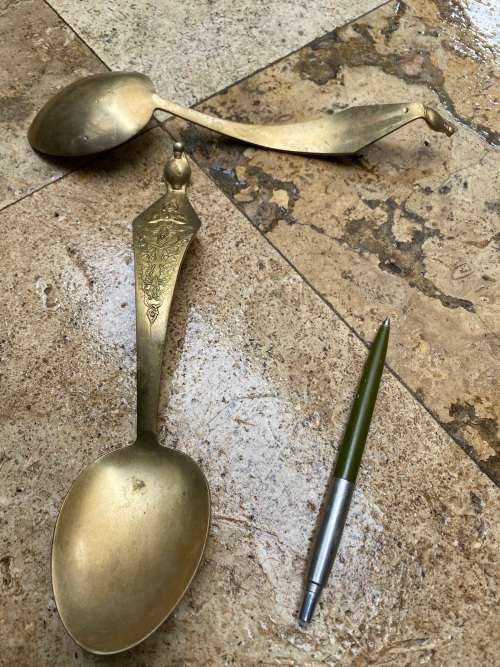 Vintage Serving Spoon spoons Brass Siam Thai Style Strong Old Brass Collectible pair