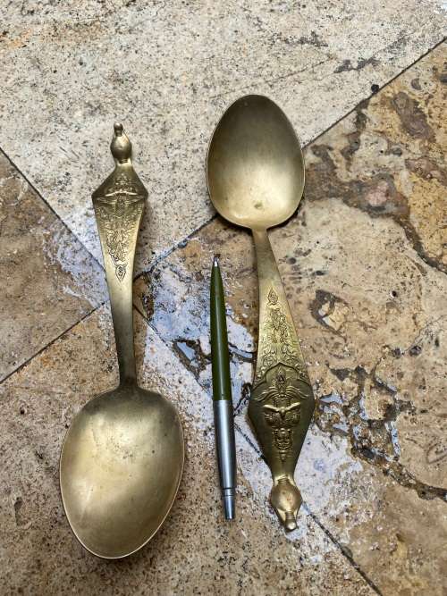 Vintage Serving Spoon spoons Brass Siam Thai Style Strong Old Brass Collectible pair