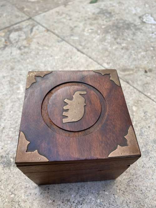 checkers minis  My little shop mini lot of 15 in vintage wooden tea box with elephant brass inlay