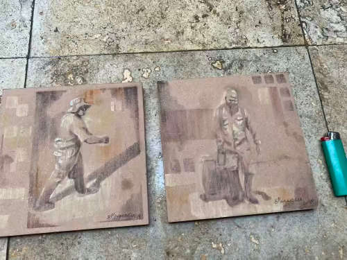 artist BOYCE MAGANDELA pair 2 signed on board 180 x 180