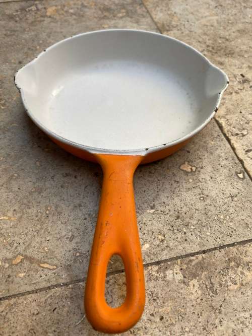 Le Creuset Skillet #16 Orange Enamel Cast Iron France Double Spout Frying Pan