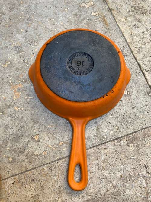 Le Creuset Skillet #16 Orange Enamel Cast Iron France Double Spout Frying Pan
